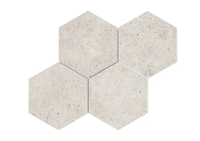 Roca Tiles Malla Hexagonal Basel Caliza mosaico esagonale