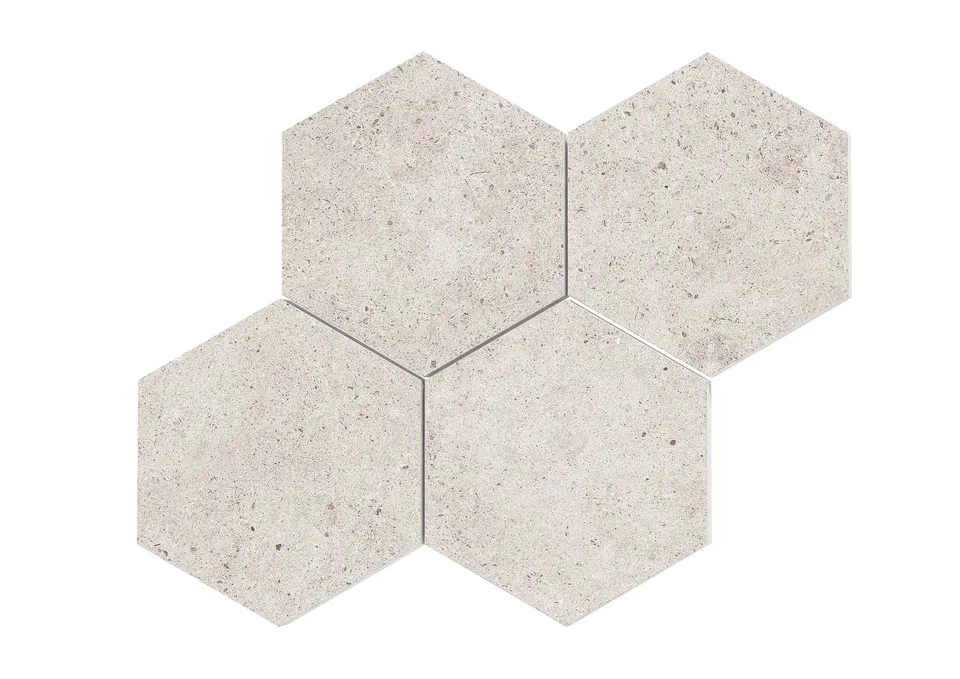 Roca Tiles Malla Hexagonal Basel Caliza mosaico esagonale