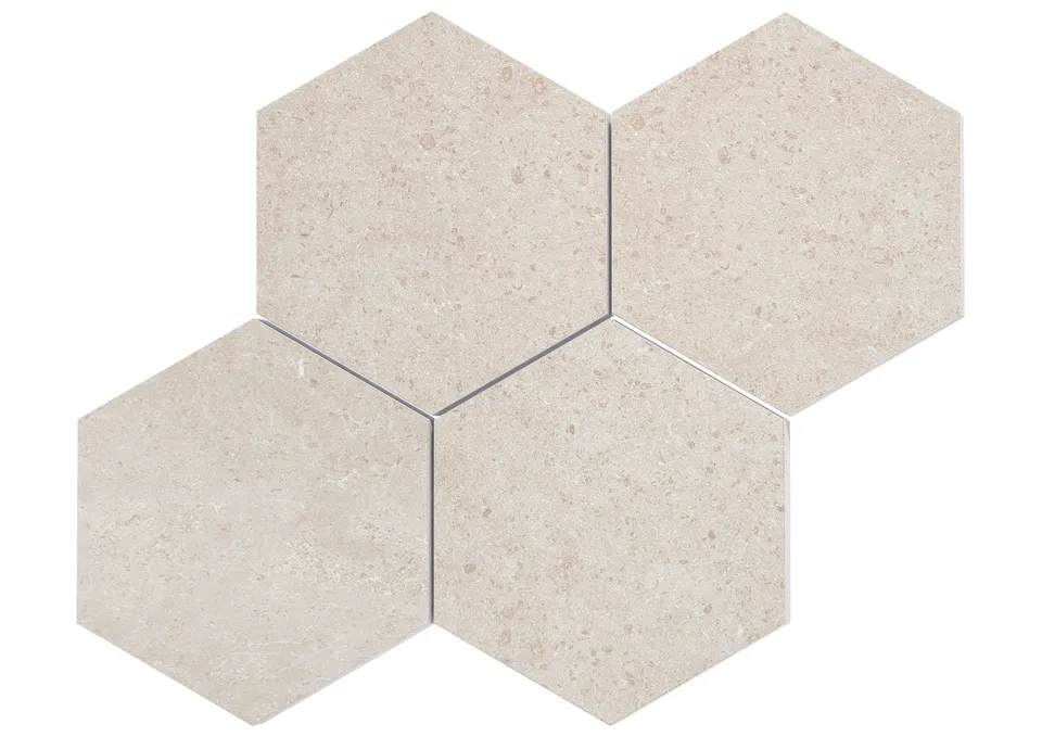 Roca Tiles Limestone mosaico Malla Hexa Arena