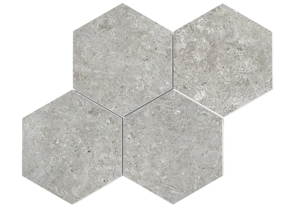 Roca Limestone Malla Hexa Gris mosaico esagonale parete