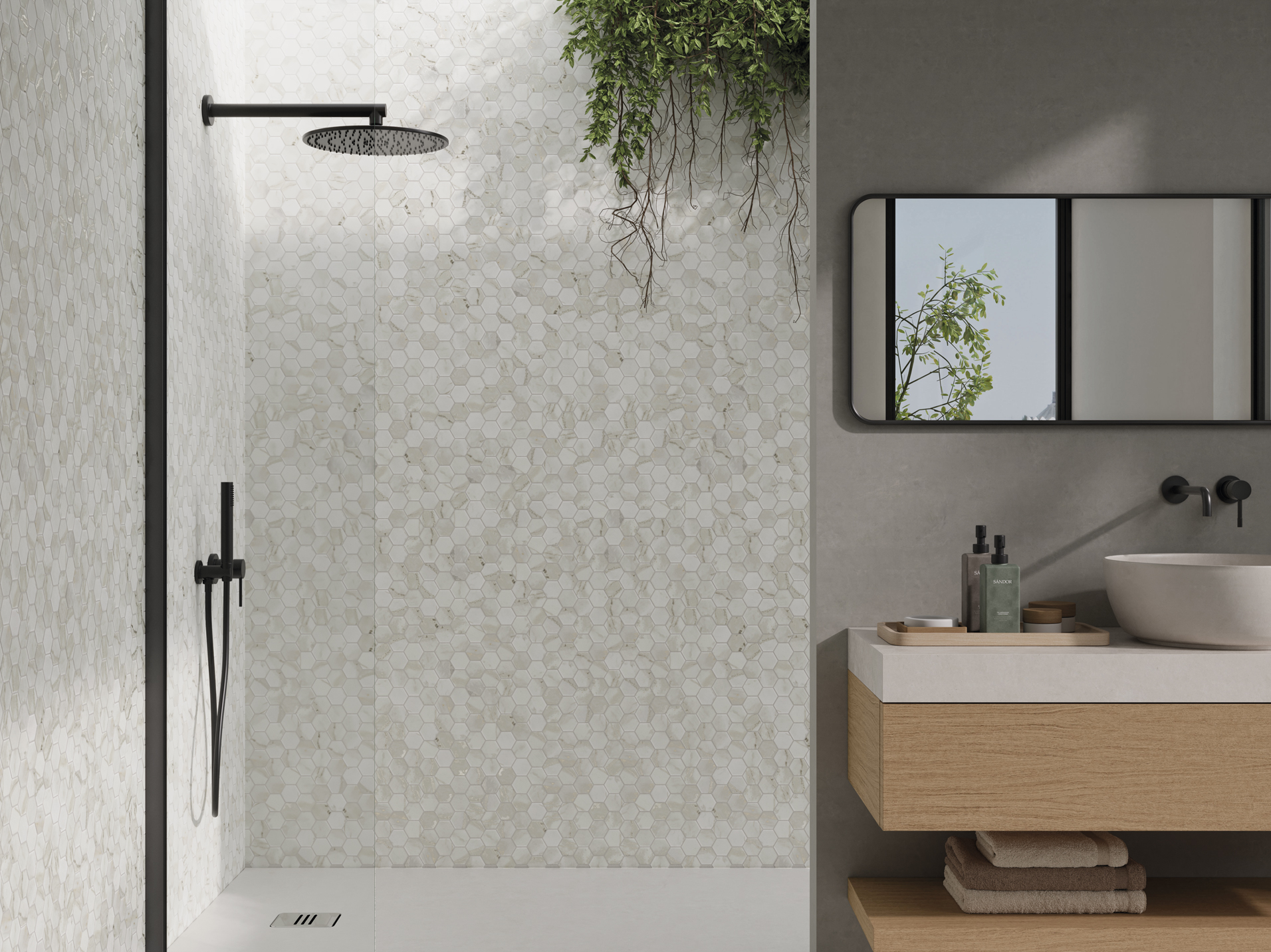 SQ Mosaic Lithos Hex Tech Landa-A mosaico bianco marmo