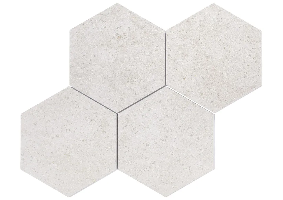 Roca Tiles Limestone Malla Hexa Blanco mosaico bianco