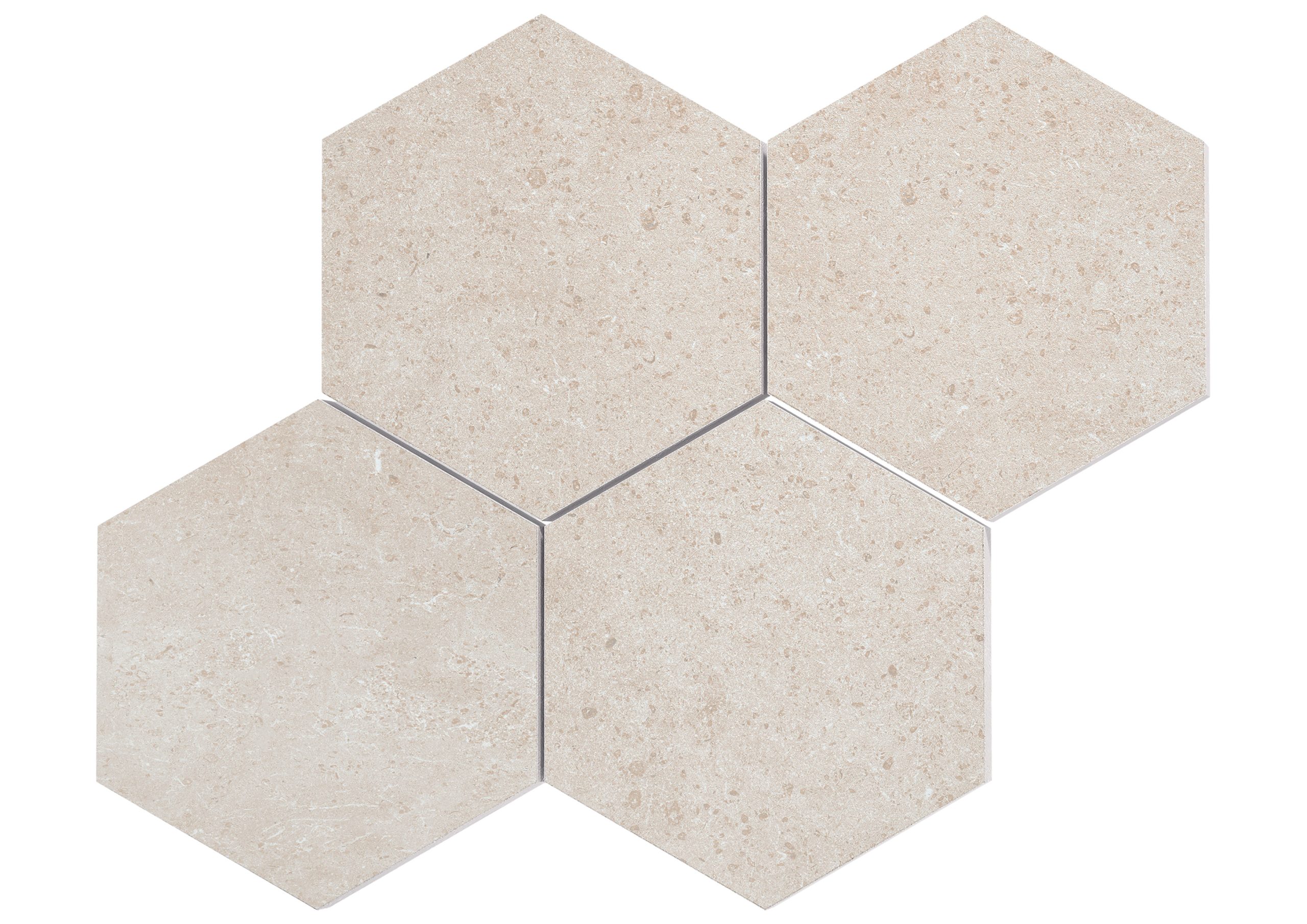 Roca Tiles Limestone mosaico Malla Hexa Arena