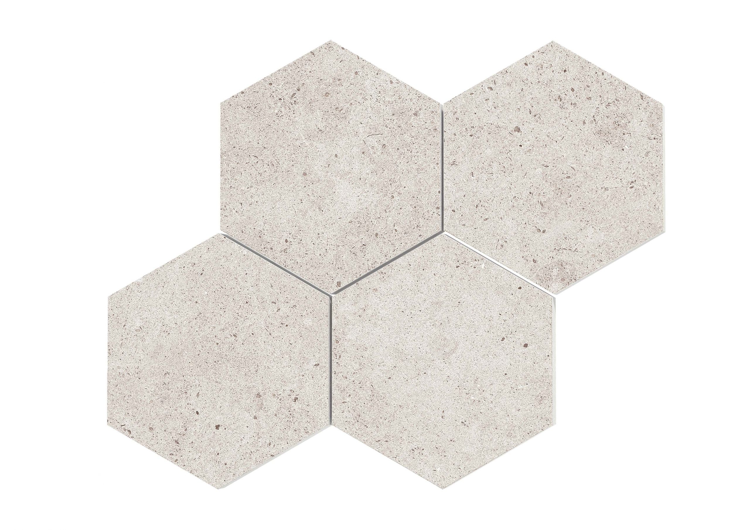 Roca Tiles Malla Hexagonal Basel Caliza mosaico esagonale